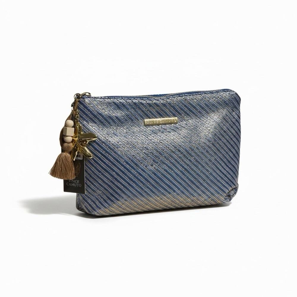 Vince Camuto Women’s Large Metallic Blue Striped Cosmetic Bag Makeup Travel Case